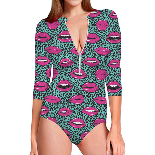 Purple Lips Pattern Print Long Sleeve Swimsuit