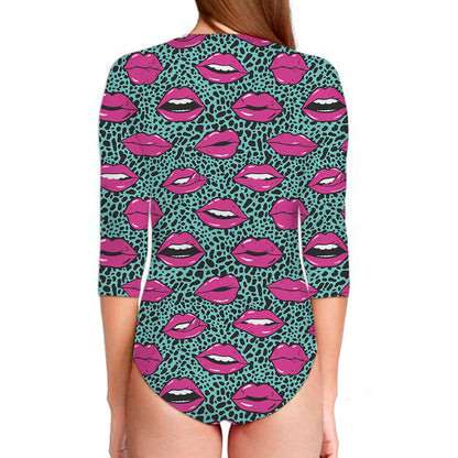 Purple Lips Pattern Print Long Sleeve Swimsuit
