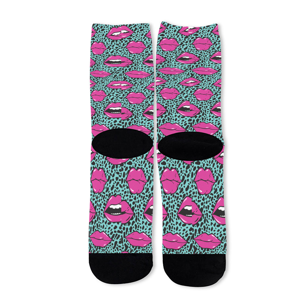 Purple Lips Pattern Print Long Socks