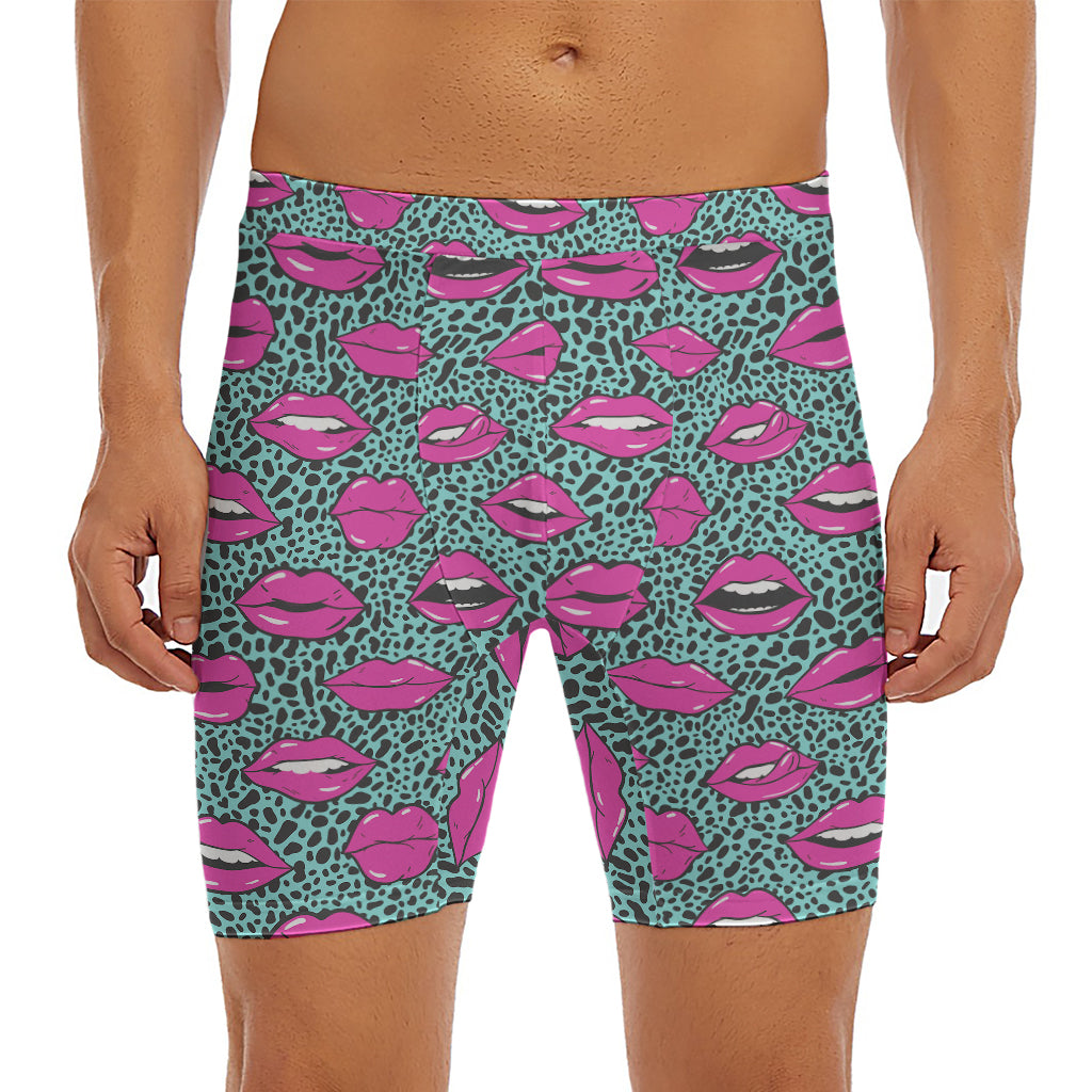 Purple Lips Pattern Print Men's Long Boxer Briefs