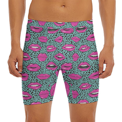 Purple Lips Pattern Print Men's Long Boxer Briefs