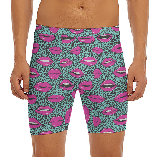 Purple Lips Pattern Print Men's Long Boxer Briefs