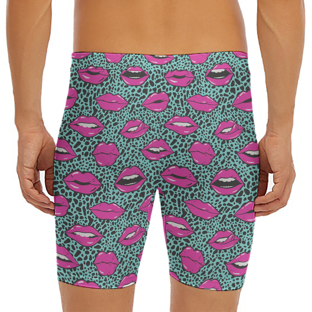 Purple Lips Pattern Print Men's Long Boxer Briefs