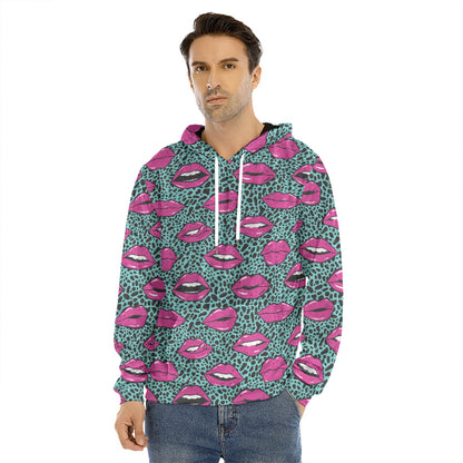 Purple Lips Pattern Print Men's Velvet Pullover Hoodie