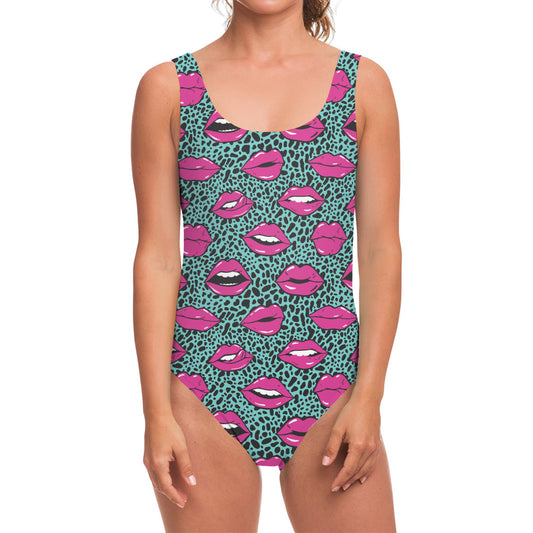 Purple Lips Pattern Print One Piece Swimsuit