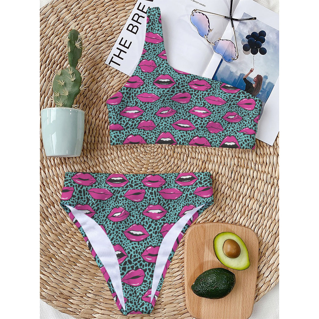 Purple Lips Pattern Print One Shoulder Bikini Top