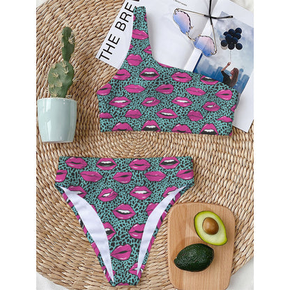 Purple Lips Pattern Print One Shoulder Bikini Top