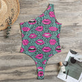 Purple Lips Pattern Print One Shoulder Bodysuit