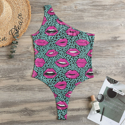 Purple Lips Pattern Print One Shoulder Bodysuit