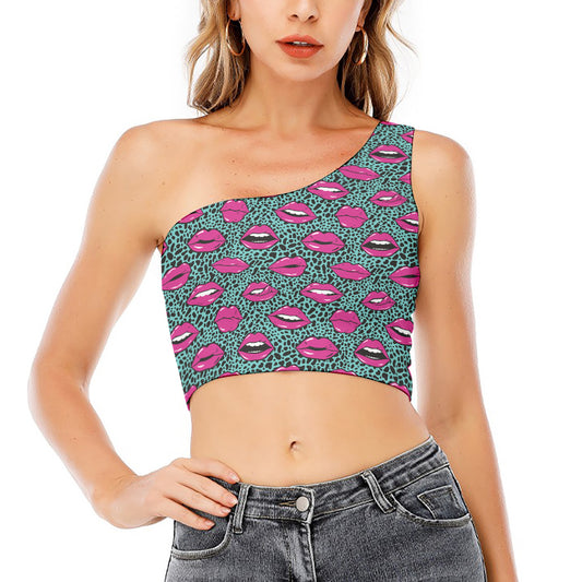 Purple Lips Pattern Print One Shoulder Crop Top