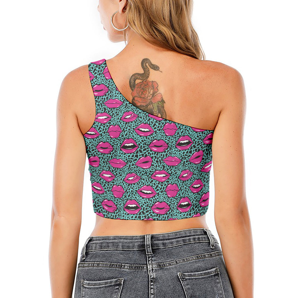 Purple Lips Pattern Print One Shoulder Crop Top