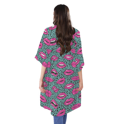 Purple Lips Pattern Print Open Front Beach Cover Up