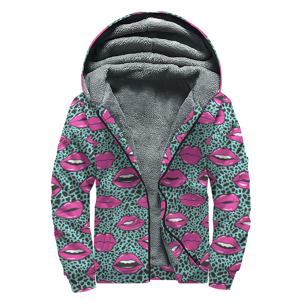 Purple Lips Pattern Print Sherpa Lined Zip Up Hoodie
