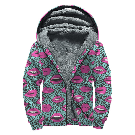 Purple Lips Pattern Print Sherpa Lined Zip Up Hoodie
