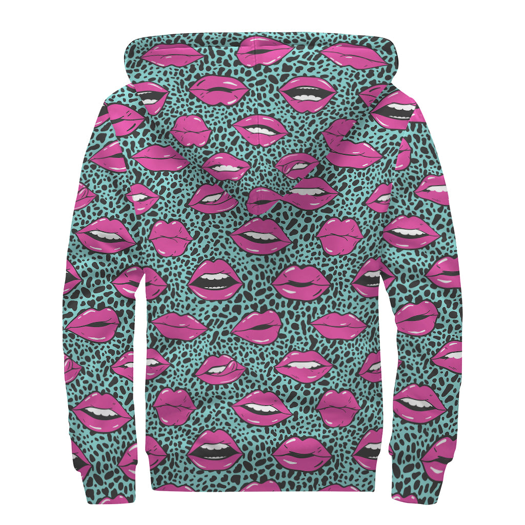 Purple Lips Pattern Print Sherpa Lined Zip Up Hoodie
