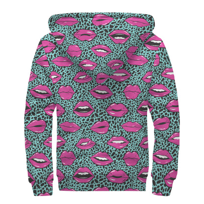 Purple Lips Pattern Print Sherpa Lined Zip Up Hoodie