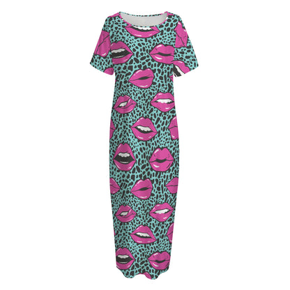 Purple Lips Pattern Print Short Sleeve Long Nightdress
