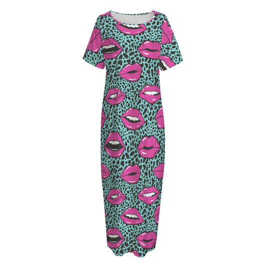 Purple Lips Pattern Print Short Sleeve Long Nightdress