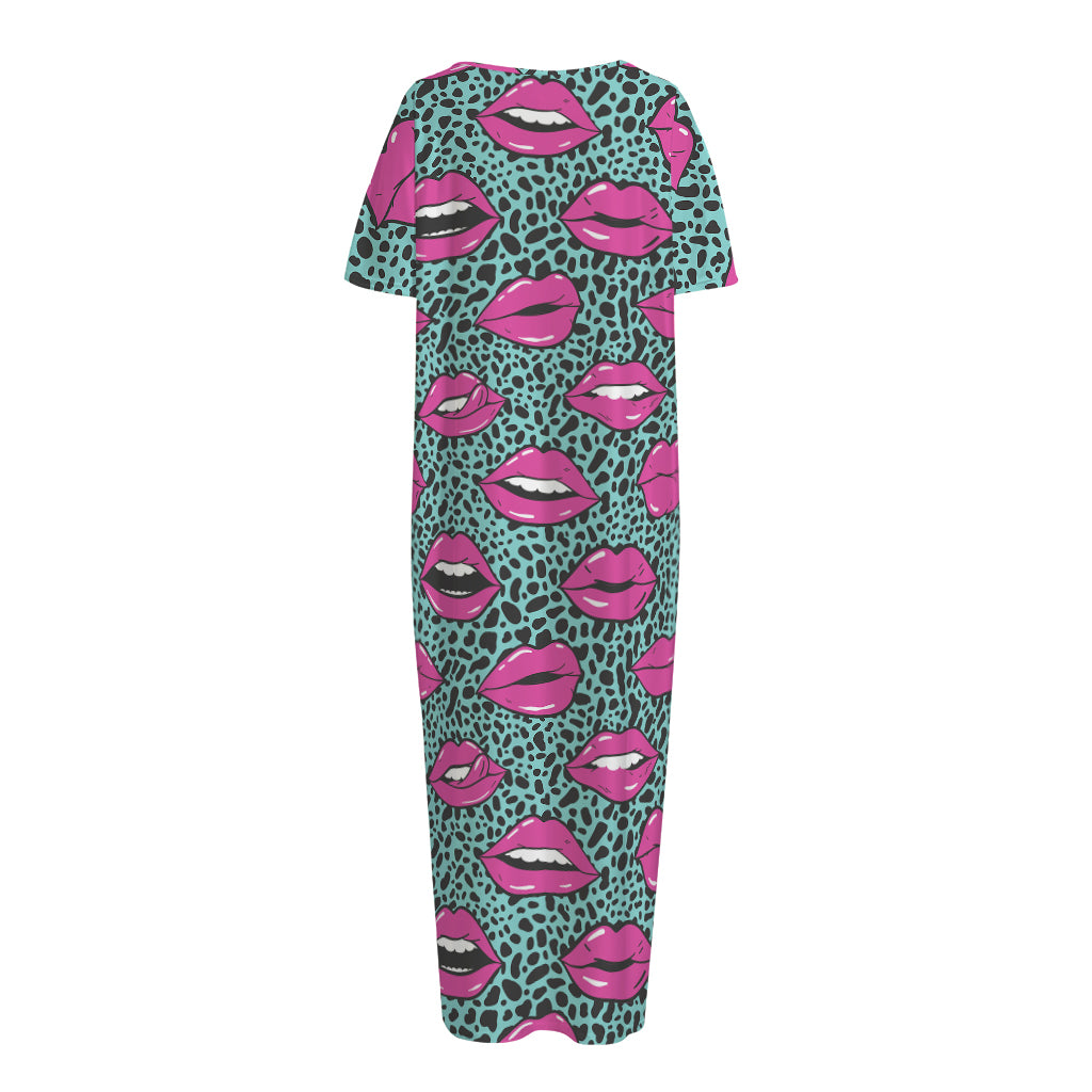 Purple Lips Pattern Print Short Sleeve Long Nightdress