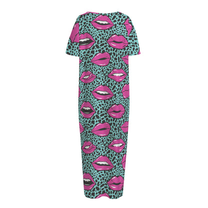 Purple Lips Pattern Print Short Sleeve Long Nightdress