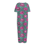 Purple Lips Pattern Print Short Sleeve Long Nightdress