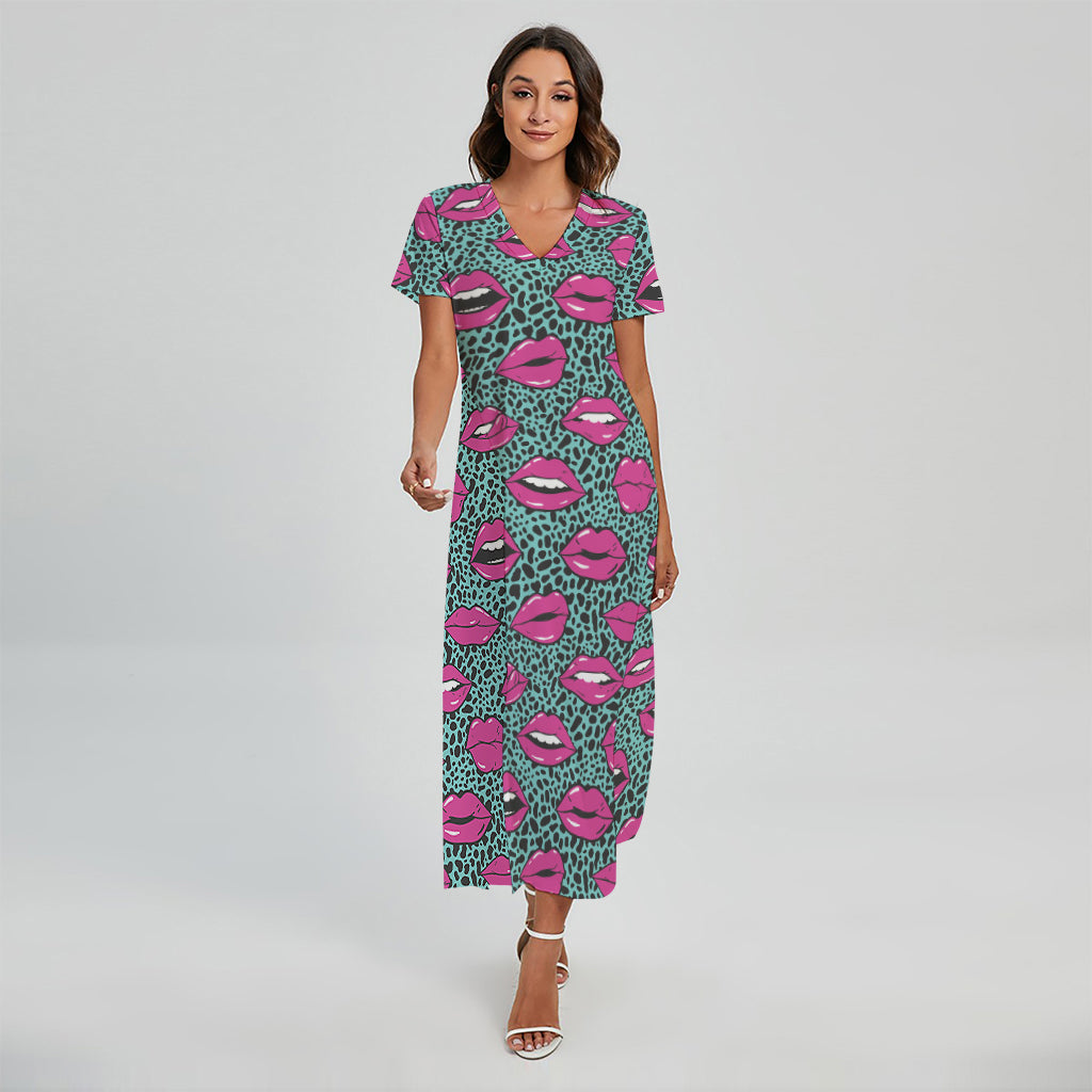 Purple Lips Pattern Print Short Sleeve Maxi Dress