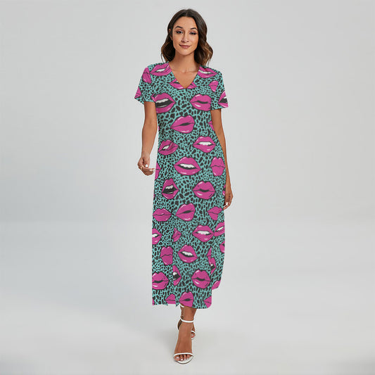 Purple Lips Pattern Print Short Sleeve Maxi Dress