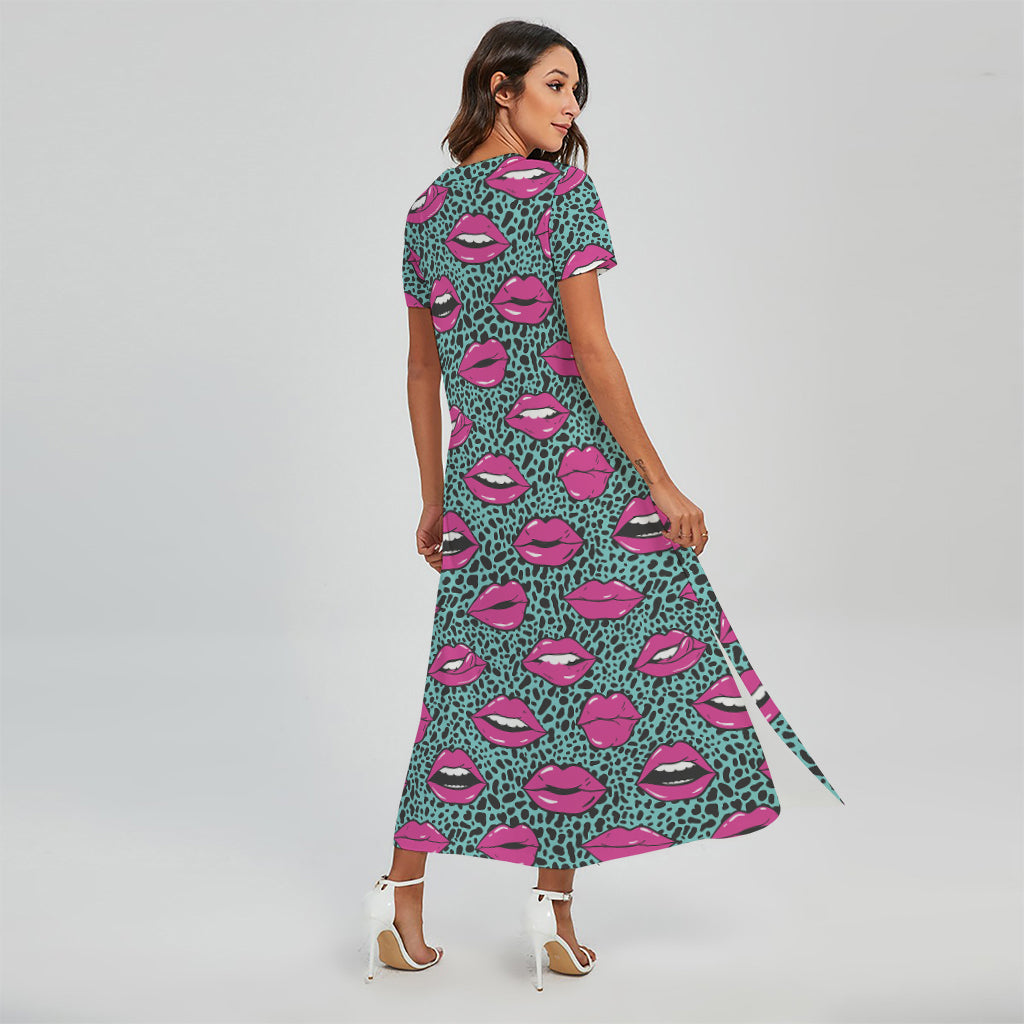Purple Lips Pattern Print Short Sleeve Maxi Dress