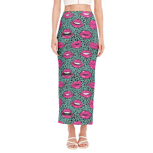 Purple Lips Pattern Print Side Slit Maxi Skirt