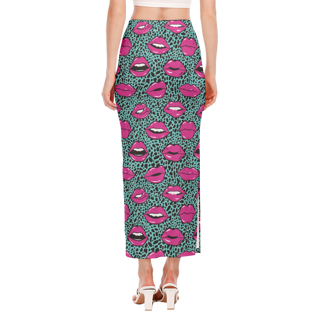 Purple Lips Pattern Print Side Slit Maxi Skirt