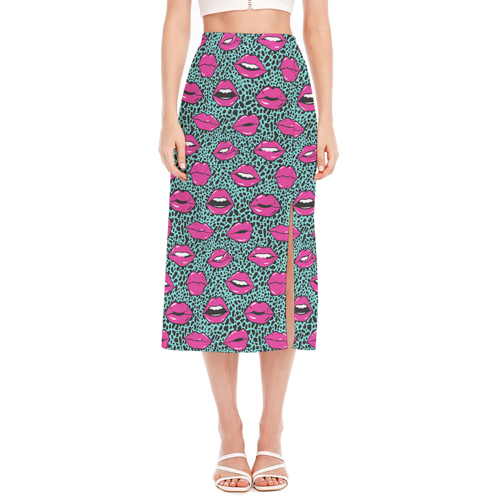 Purple Lips Pattern Print Side Slit Midi Skirt
