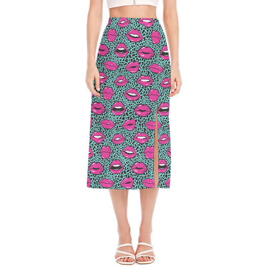 Purple Lips Pattern Print Side Slit Midi Skirt