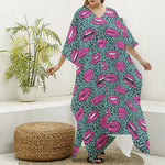 Purple Lips Pattern Print Silk V-Neck Kaftan Dress