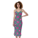 Purple Lips Pattern Print Slim Fit Midi Cami Dress
