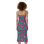 Purple Lips Pattern Print Slim Fit Midi Cami Dress