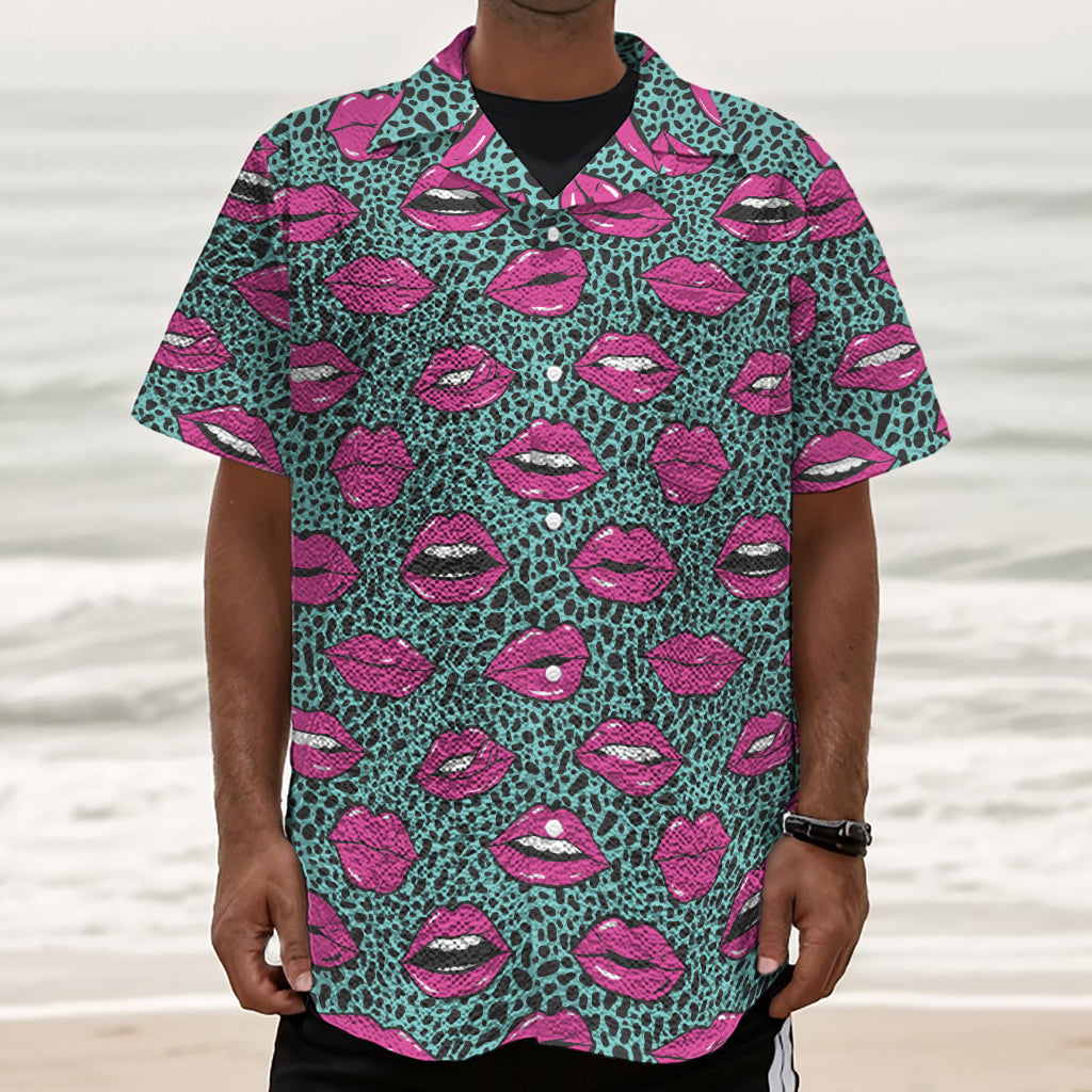 Purple Lips Pattern Print Textured Short Sleeve Shirt