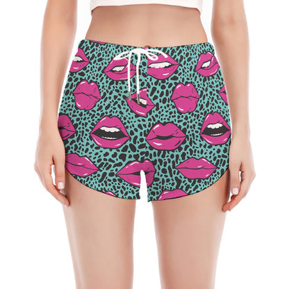 Purple Lips Pattern Print Women's Split Running Shorts