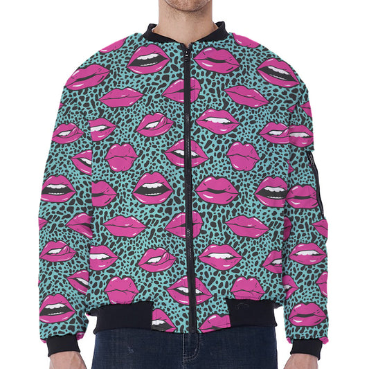 Purple Lips Pattern Print Zip Sleeve Bomber Jacket