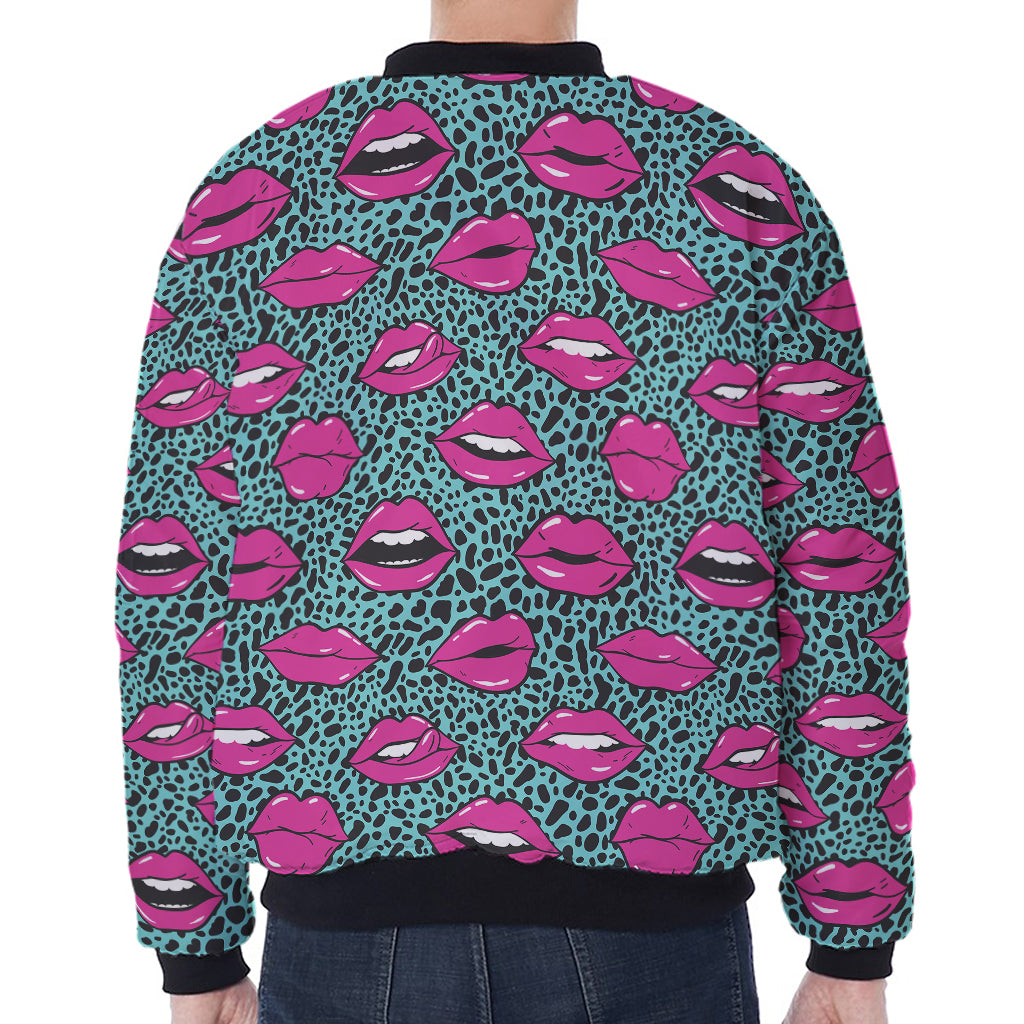 Purple Lips Pattern Print Zip Sleeve Bomber Jacket