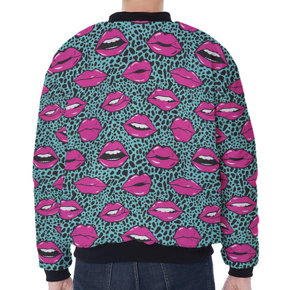 Purple Lips Pattern Print Zip Sleeve Bomber Jacket