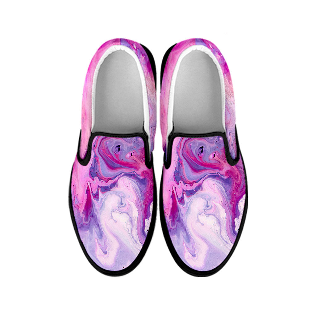 Purple Liquid Marble Print Black Slip On Sneakers