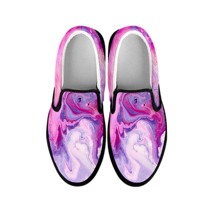 Purple Liquid Marble Print Black Slip On Sneakers