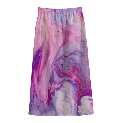 Purple Liquid Marble Print Cotton Front Slit Maxi Skirt
