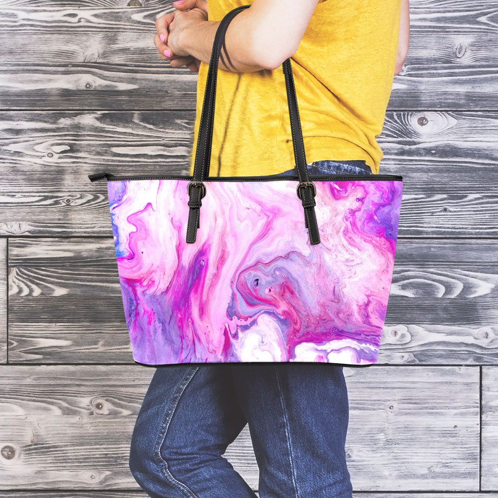 Purple Liquid Marble Print Leather Tote Bag