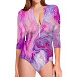 Purple Liquid Marble Print Long Sleeve Swimsuit