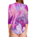 Purple Liquid Marble Print Long Sleeve Swimsuit
