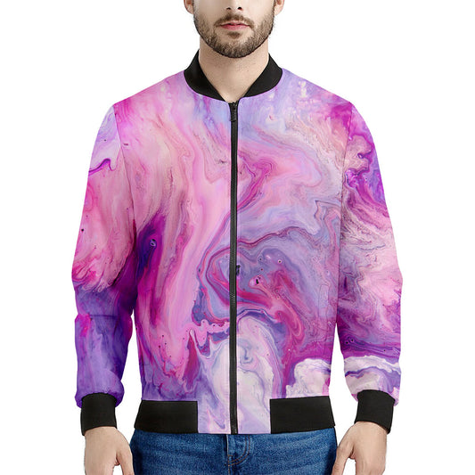 Purple Liquid Marble Print Men's Bomber Jacket