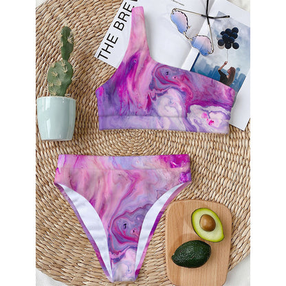 Purple Liquid Marble Print One Shoulder Bikini Top