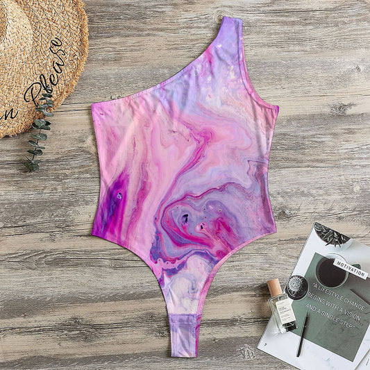 Purple Liquid Marble Print One Shoulder Bodysuit