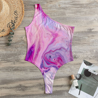 Purple Liquid Marble Print One Shoulder Bodysuit